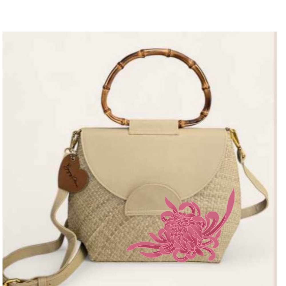 Neutral Beige Straw Crossbody Bag with Bamboo Handle and Pink Floral Accent